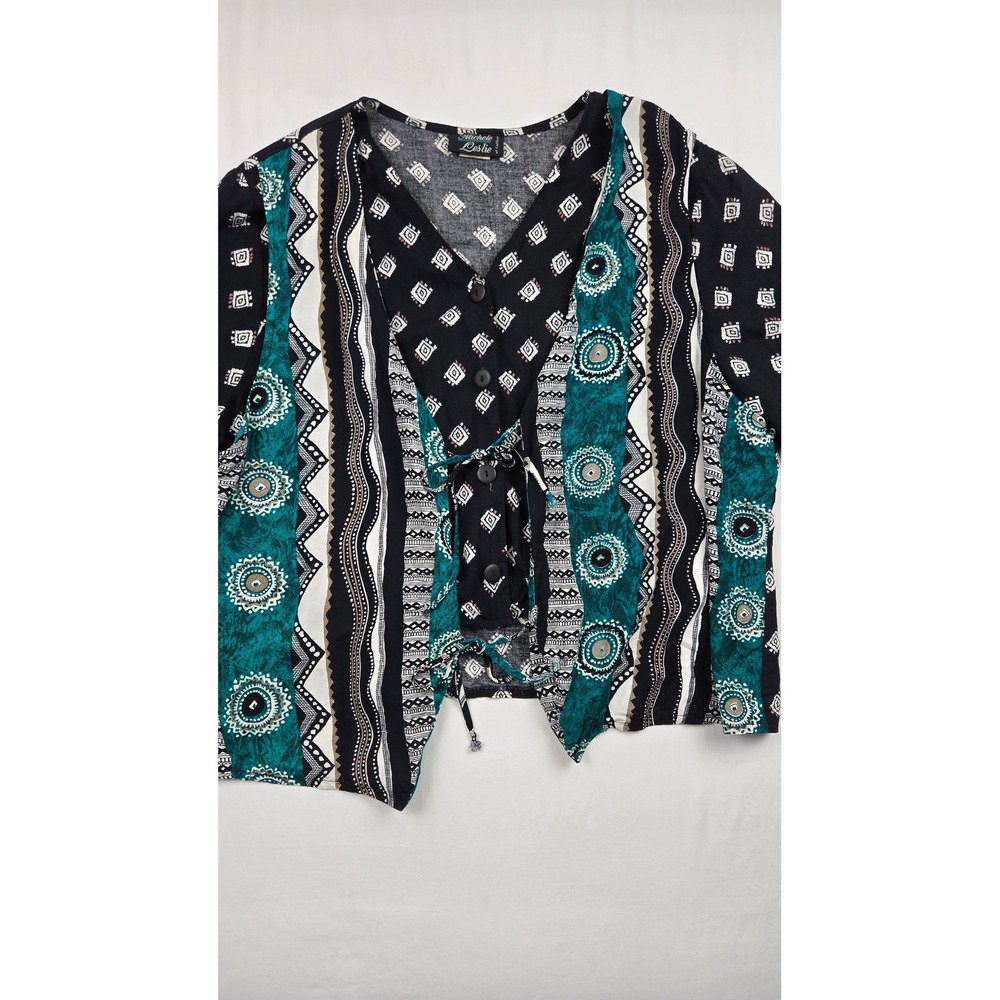 Michele Leslie California Boho Blouse 18W Black Teal Mixed Print Tie Front